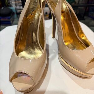 GUESS Nude Patent Peep-Toe Platform Pumps with Gold Lining